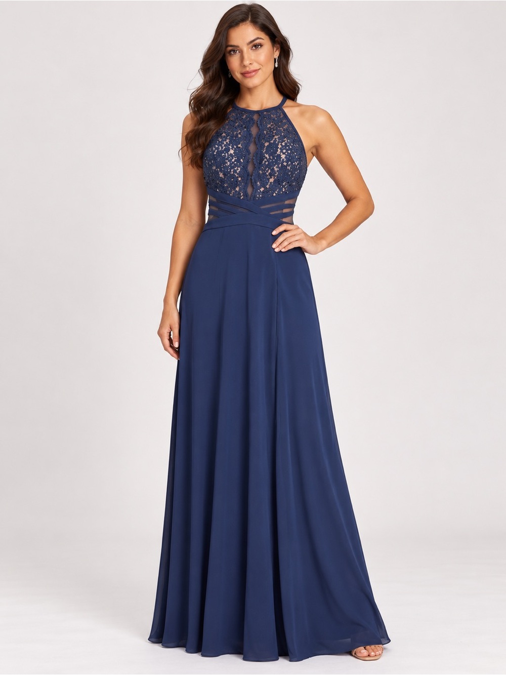Morgan & Co
Navy Blue Lace Halter Gown floral lace halter-style bodice size 5 s1
